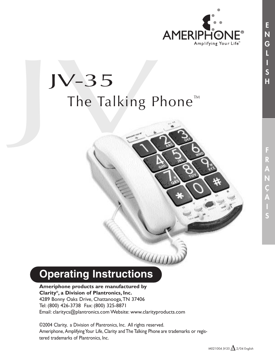 Jv-35, The talking phone | Clarity Telephone User Manual | Page 2 / 38