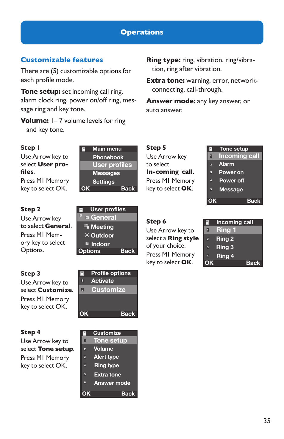 Operations, General, Customize | Ring 1 | Clarity Pal User Manual | Page 35 / 52