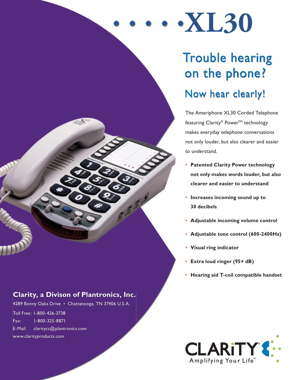 Clarity XL30 User Manual | 2 pages