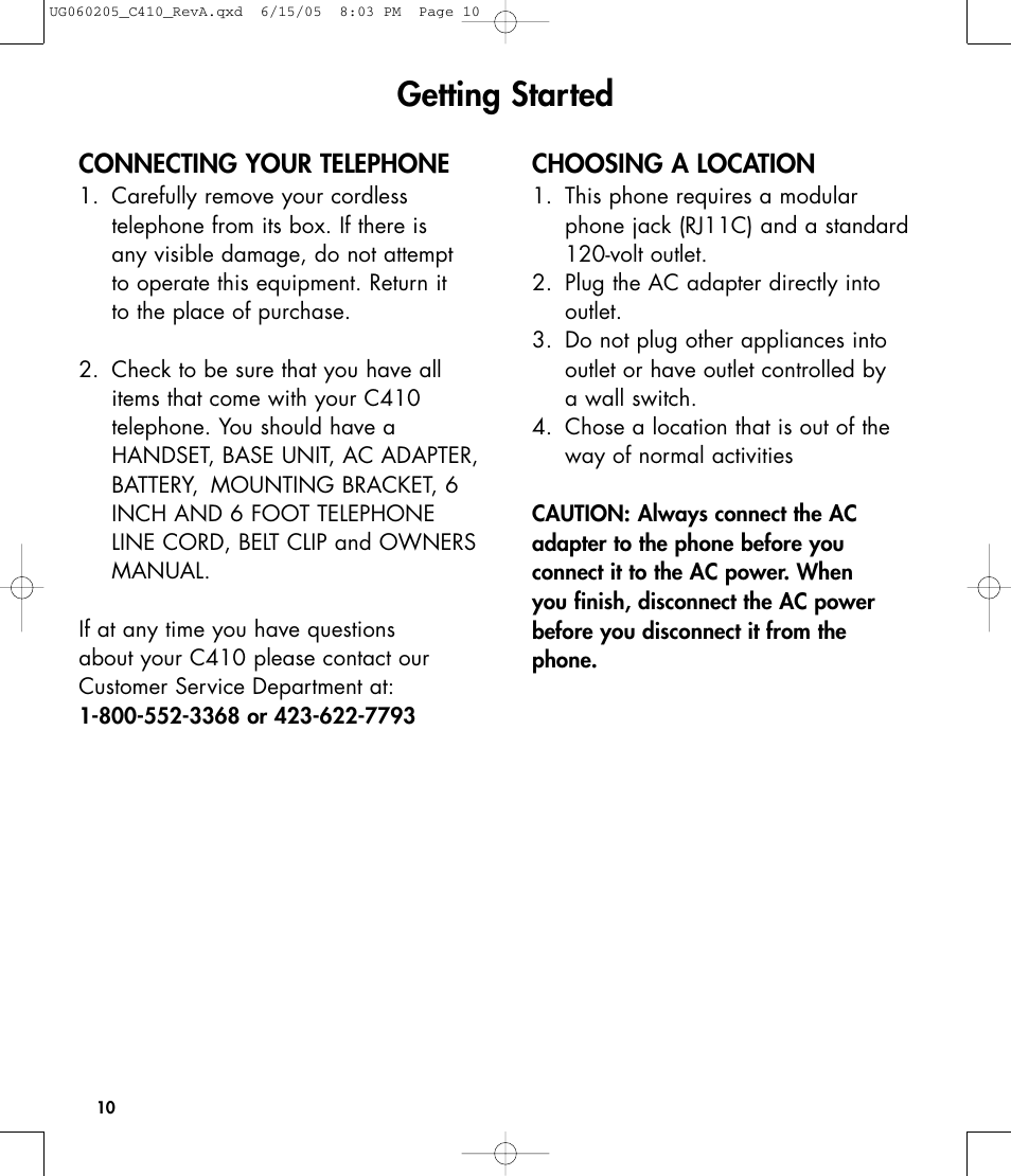 Getting started, Connecting your telephone, Choosing a location | Clarity C410 User Manual | Page 10 / 80