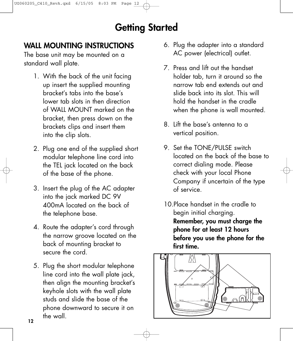 Getting started, Wall mounting instructions | Clarity C410 User Manual | Page 12 / 80