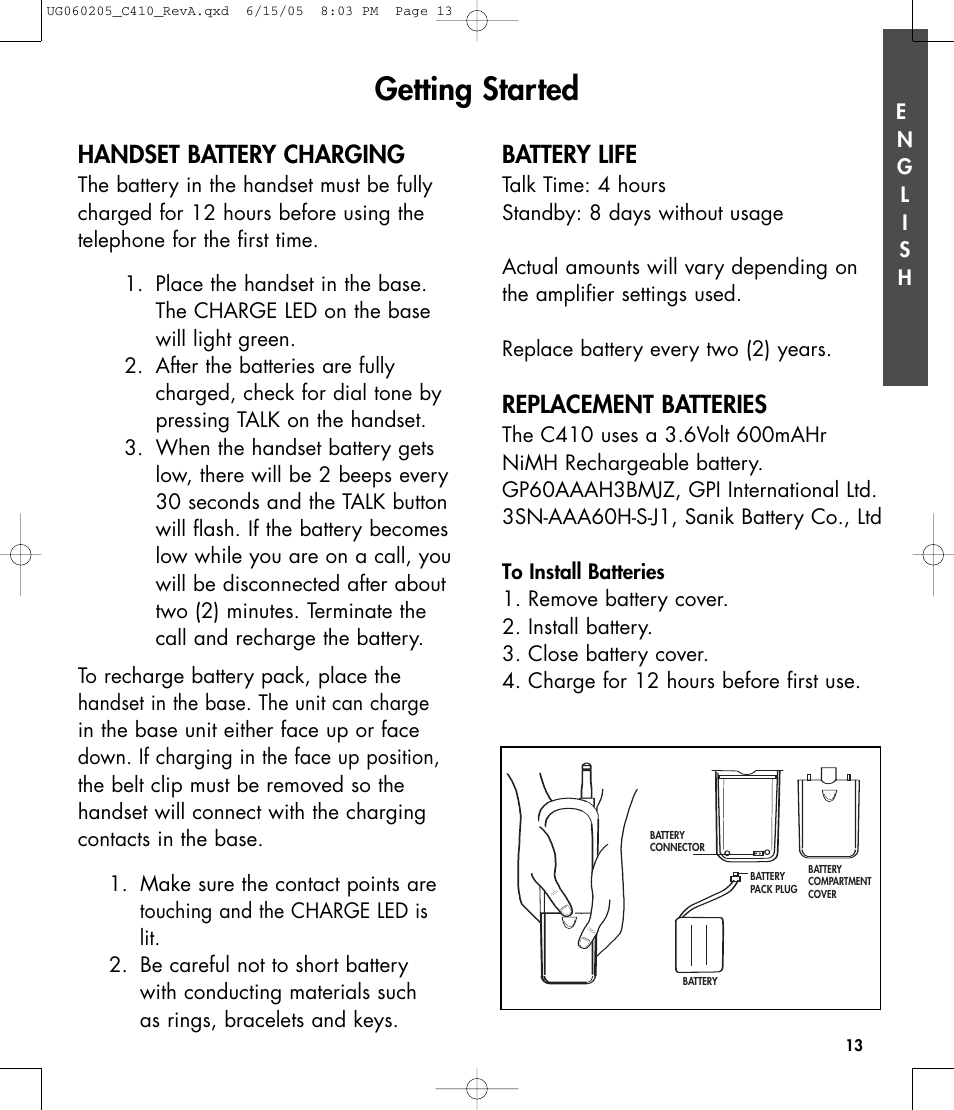 Getting started, Handset battery charging, Battery life | Replacement batteries | Clarity C410 User Manual | Page 13 / 80