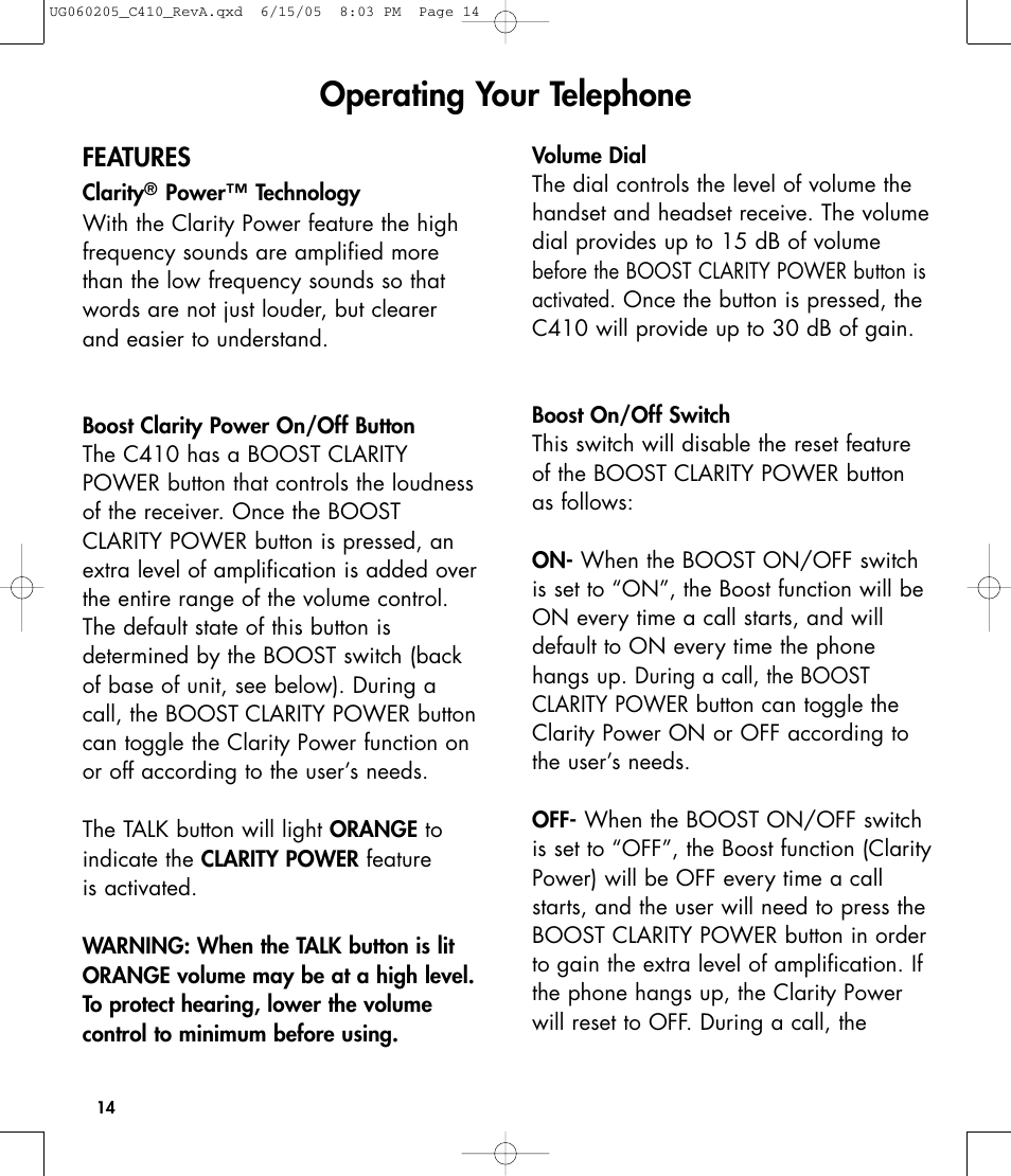 Operating your telephone, Features | Clarity C410 User Manual | Page 14 / 80