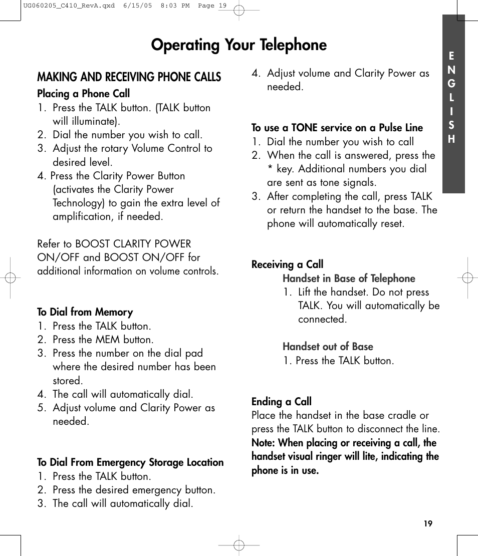 Operating your telephone, Making and receiving phone calls | Clarity C410 User Manual | Page 19 / 80