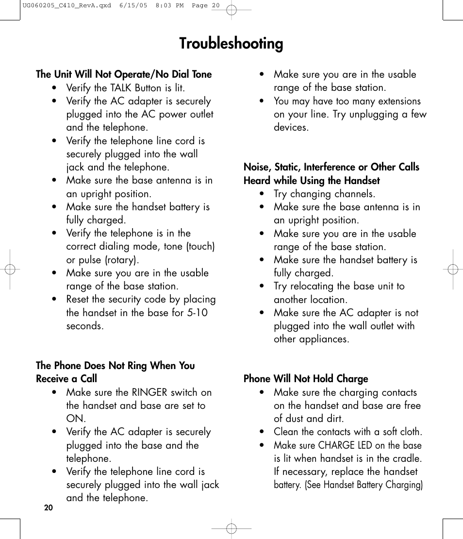 Troubleshooting | Clarity C410 User Manual | Page 20 / 80