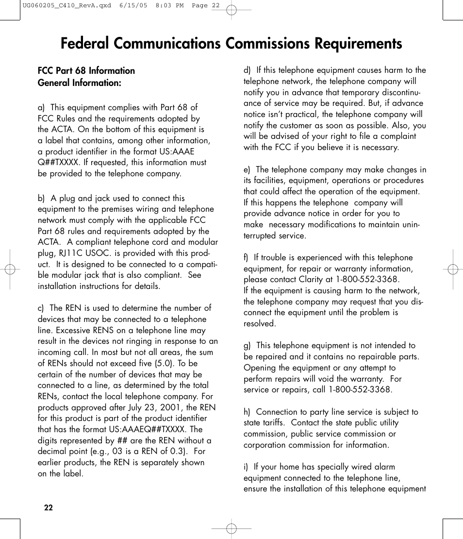 Federal communications commissions requirements | Clarity C410 User Manual | Page 22 / 80