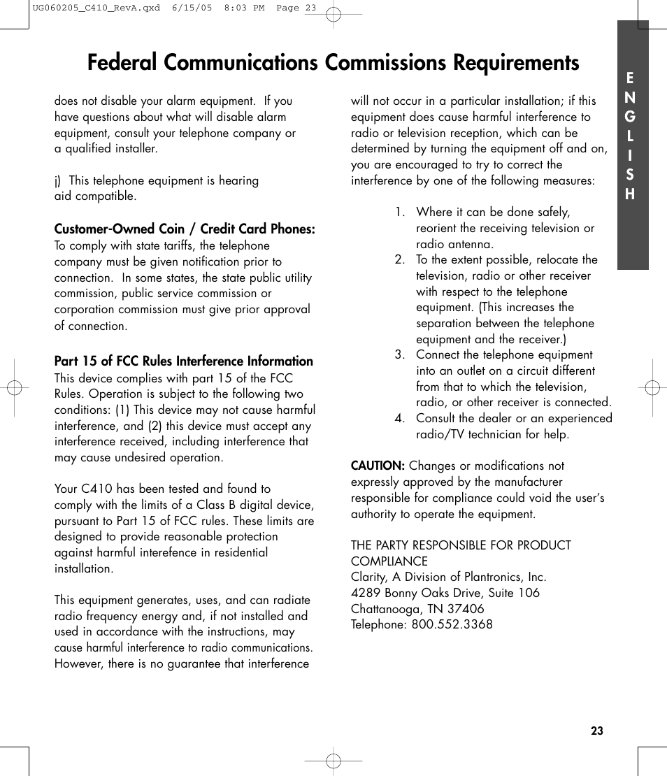 Federal communications commissions requirements | Clarity C410 User Manual | Page 23 / 80