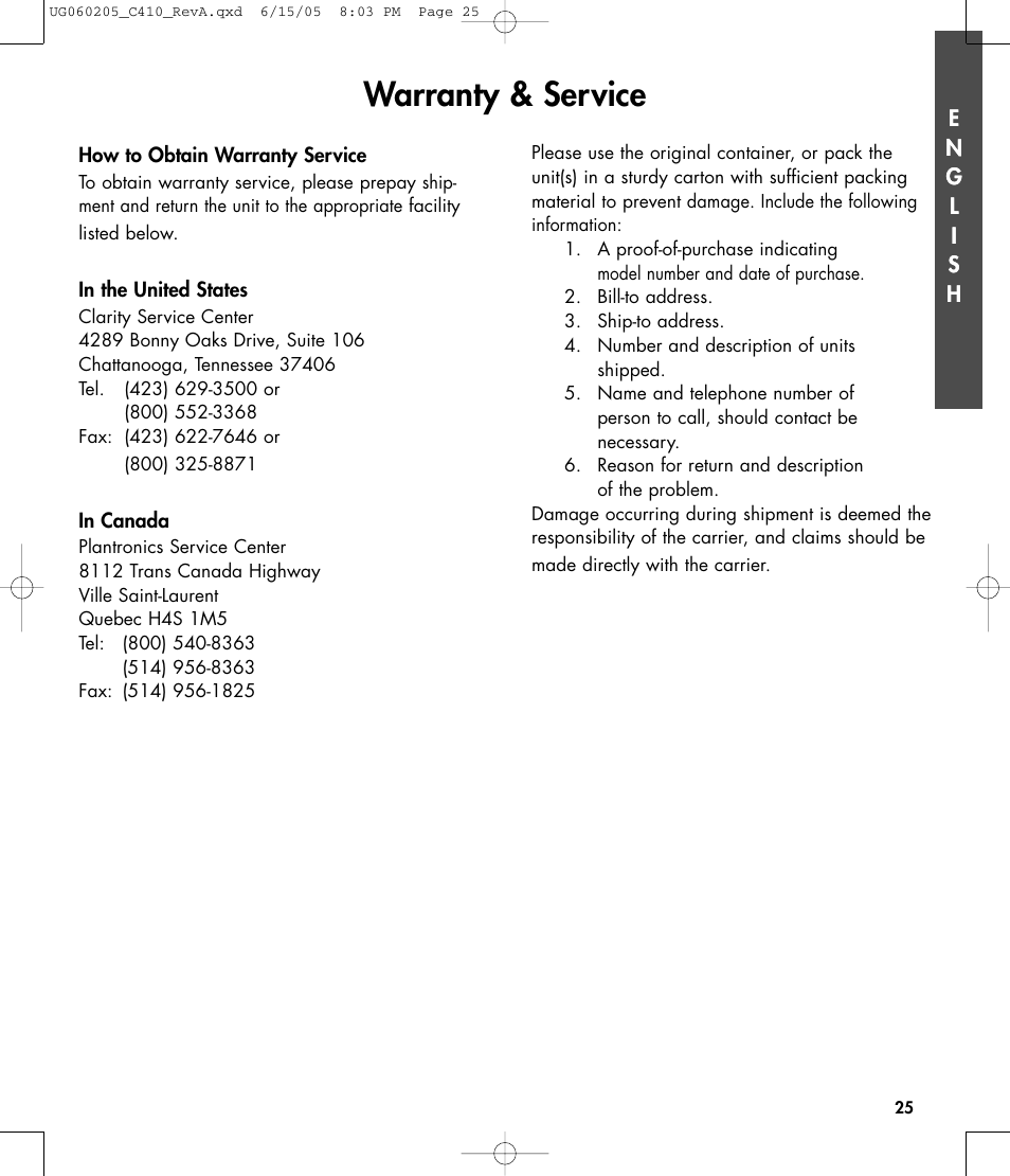 Warranty & service | Clarity C410 User Manual | Page 25 / 80