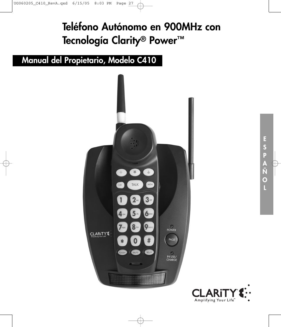 Teléfono autónomo en 900mhz con tecnología clarity, Power, Manual del propietario, modelo c410 | Clarity C410 User Manual | Page 27 / 80