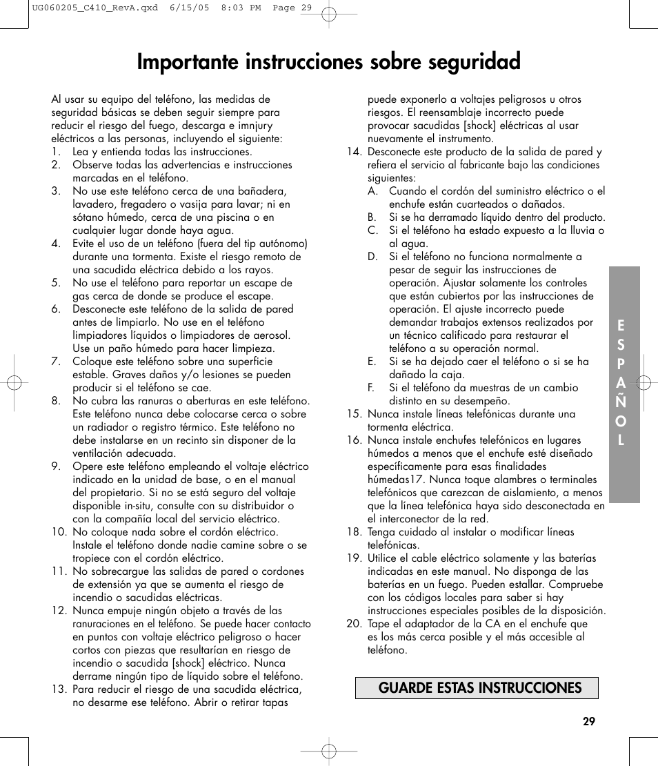 Importante instrucciones sobre seguridad, Guarde estas instrucciones | Clarity C410 User Manual | Page 29 / 80