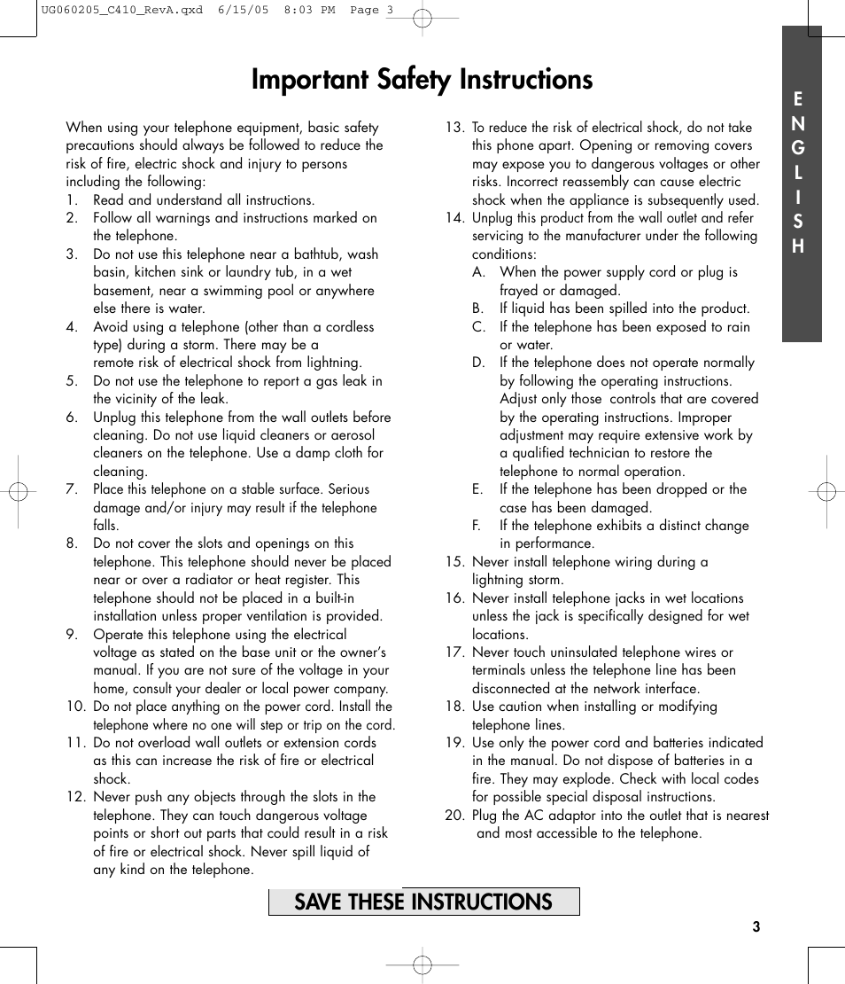 Important safety instructions, Save these instructions | Clarity C410 User Manual | Page 3 / 80