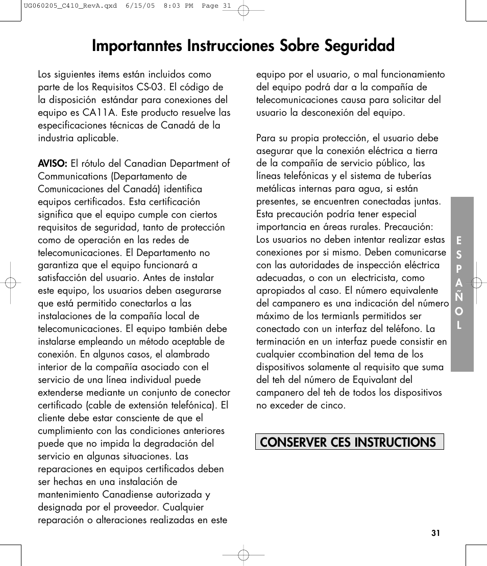 Importanntes instrucciones sobre seguridad, Conserver ces instructions | Clarity C410 User Manual | Page 31 / 80