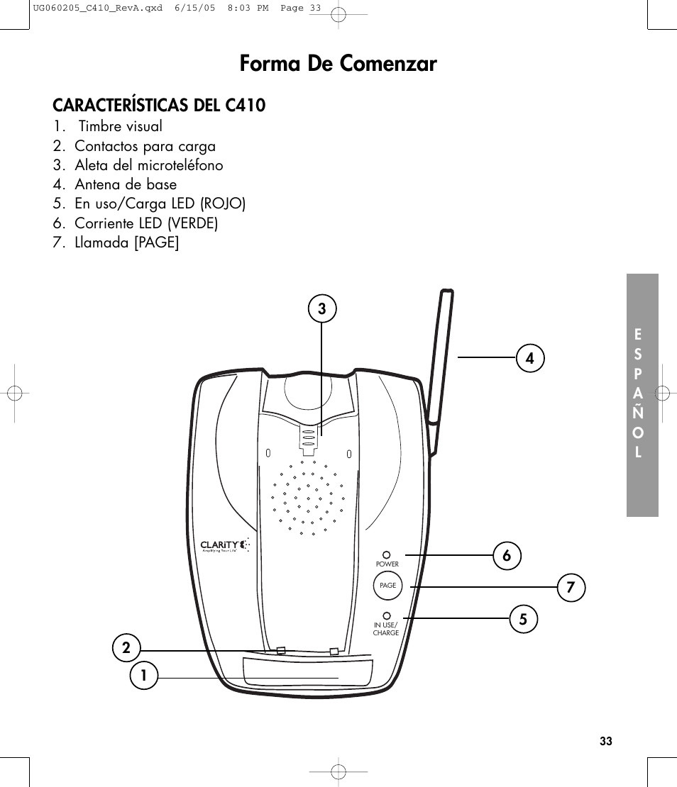 Forma de comenzar, Características del c410 | Clarity C410 User Manual | Page 33 / 80