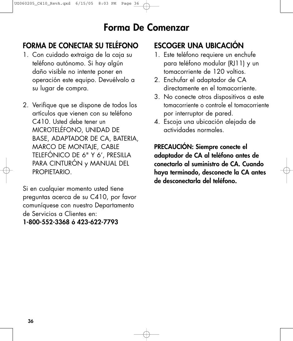 Forma de comenzar, Forma de conectar su teléfono, Escoger una ubicación | Clarity C410 User Manual | Page 36 / 80