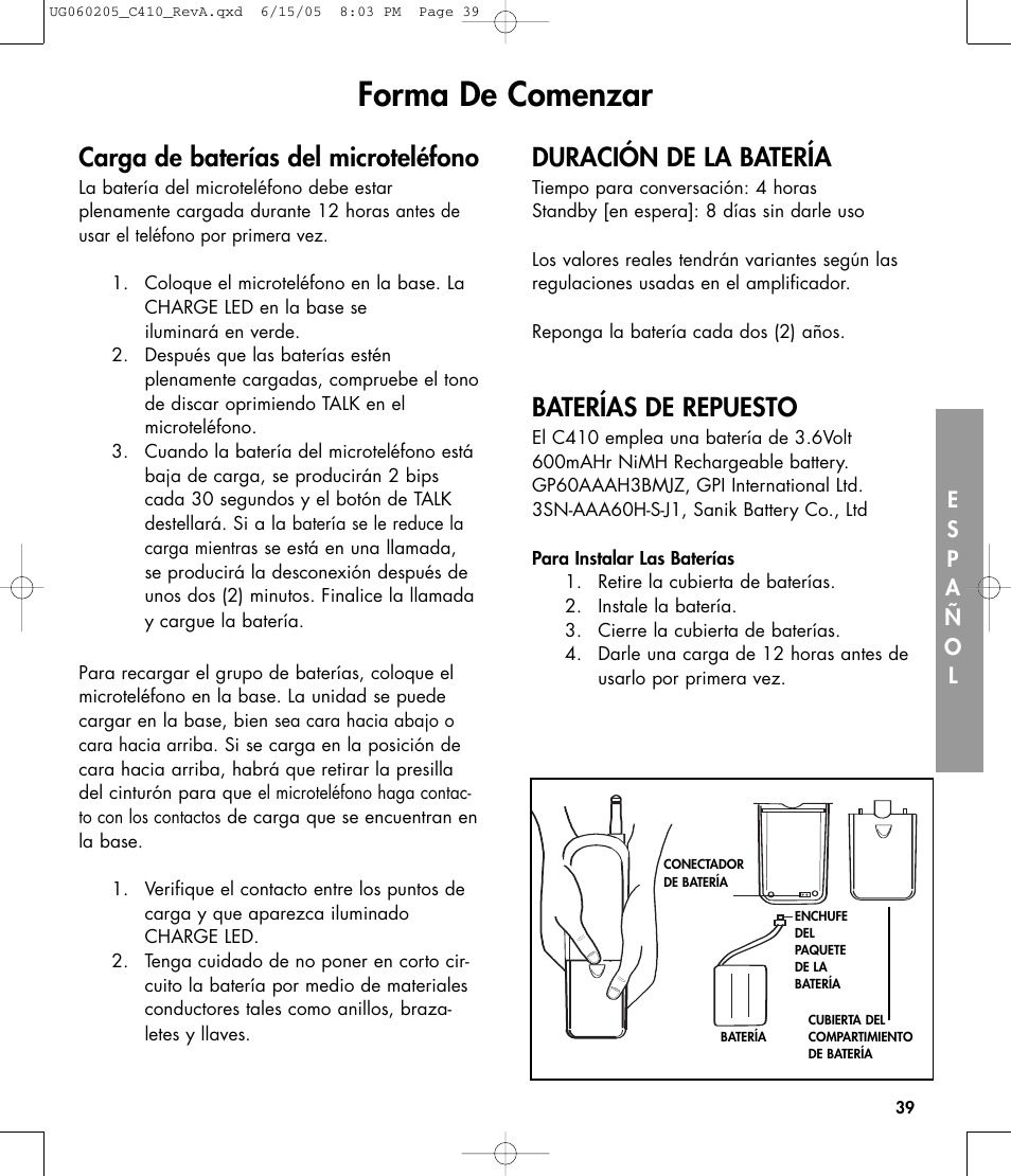 Forma de comenzar, Carga de baterías del microteléfono, Duración de la batería | Baterías de repuesto | Clarity C410 User Manual | Page 39 / 80