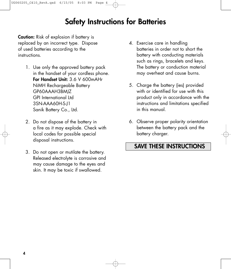 Safety instructions for batteries, Save these instructions | Clarity C410 User Manual | Page 4 / 80