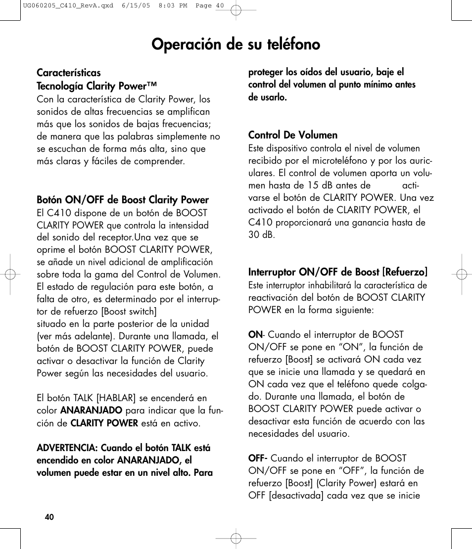 Operación de su teléfono | Clarity C410 User Manual | Page 40 / 80