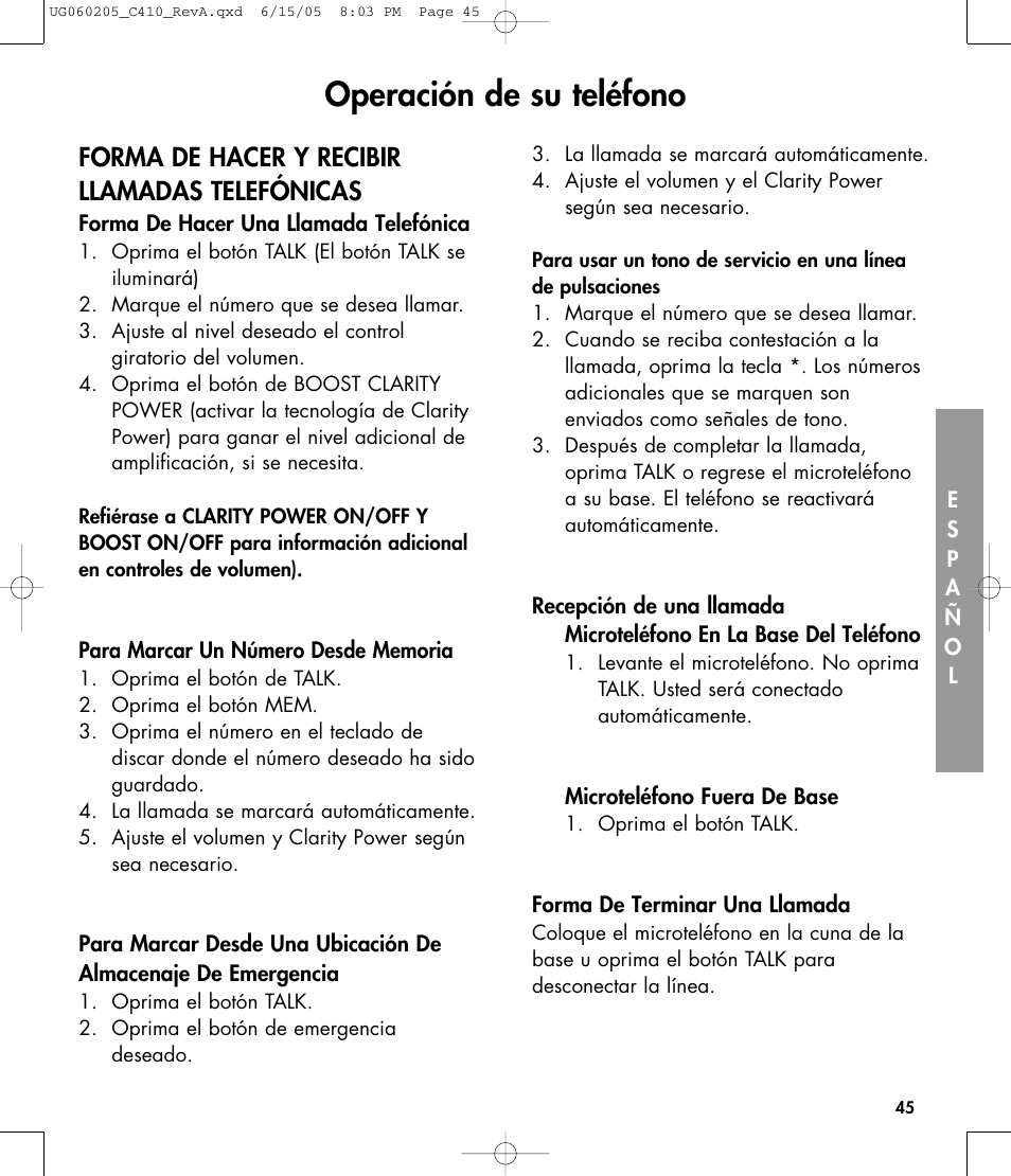 Operación de su teléfono, Forma de hacer y recibir llamadas telefónicas | Clarity C410 User Manual | Page 45 / 80