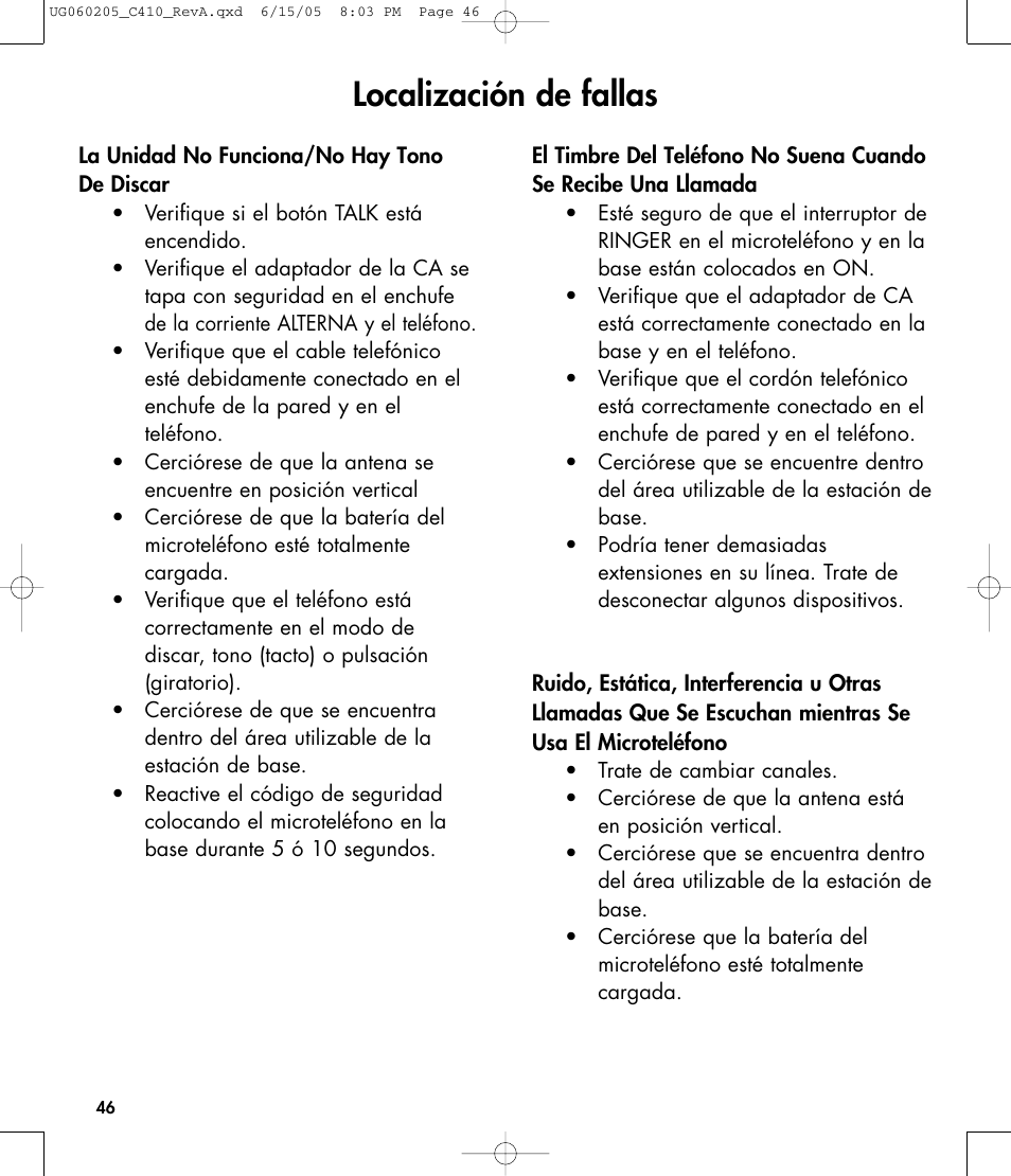 Localización de fallas | Clarity C410 User Manual | Page 46 / 80