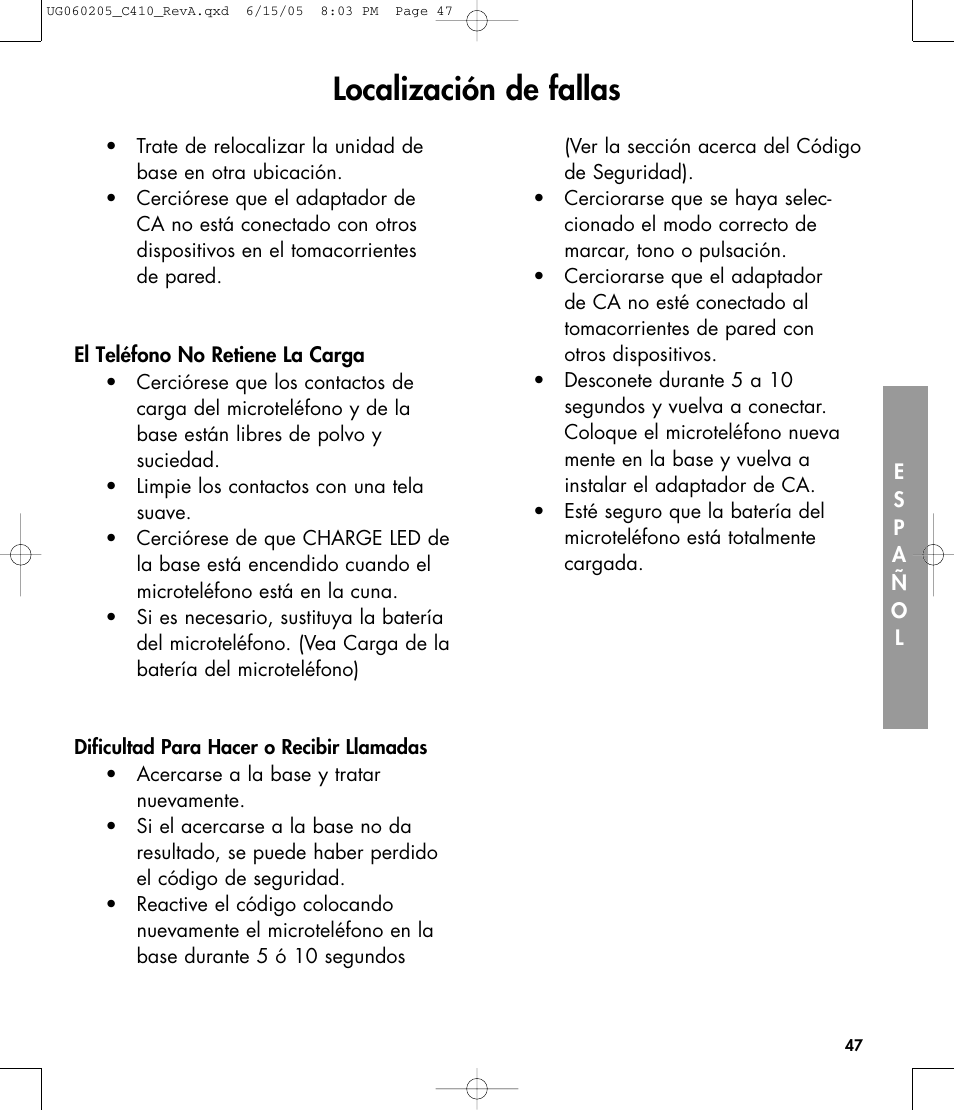 Localización de fallas | Clarity C410 User Manual | Page 47 / 80