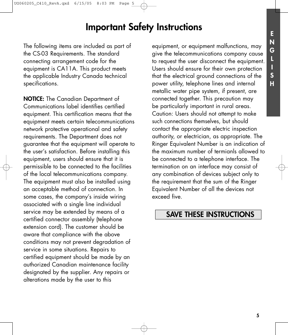 Important safety instructions, Save these instructions | Clarity C410 User Manual | Page 5 / 80