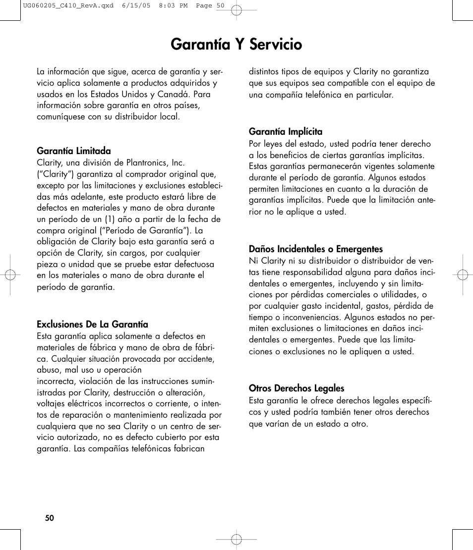 Garantía y servicio | Clarity C410 User Manual | Page 50 / 80