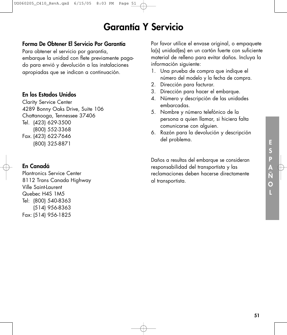 Garantía y servicio | Clarity C410 User Manual | Page 51 / 80