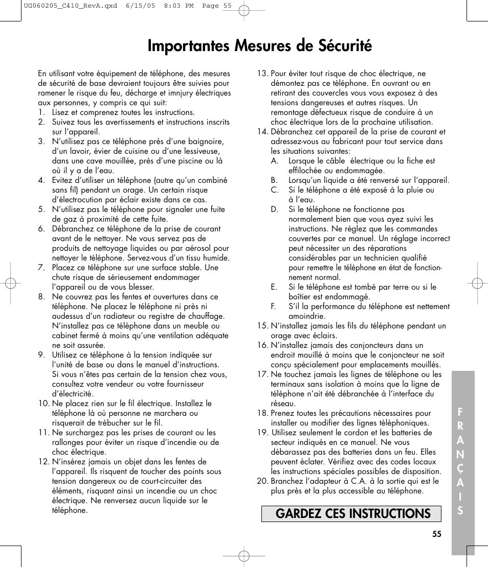 Importantes mesures de sécurité, Gardez ces instructions | Clarity C410 User Manual | Page 55 / 80