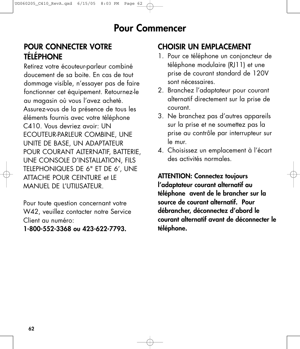 Pour commencer, Pour connecter votre téléphone, Choisir un emplacement | Clarity C410 User Manual | Page 62 / 80