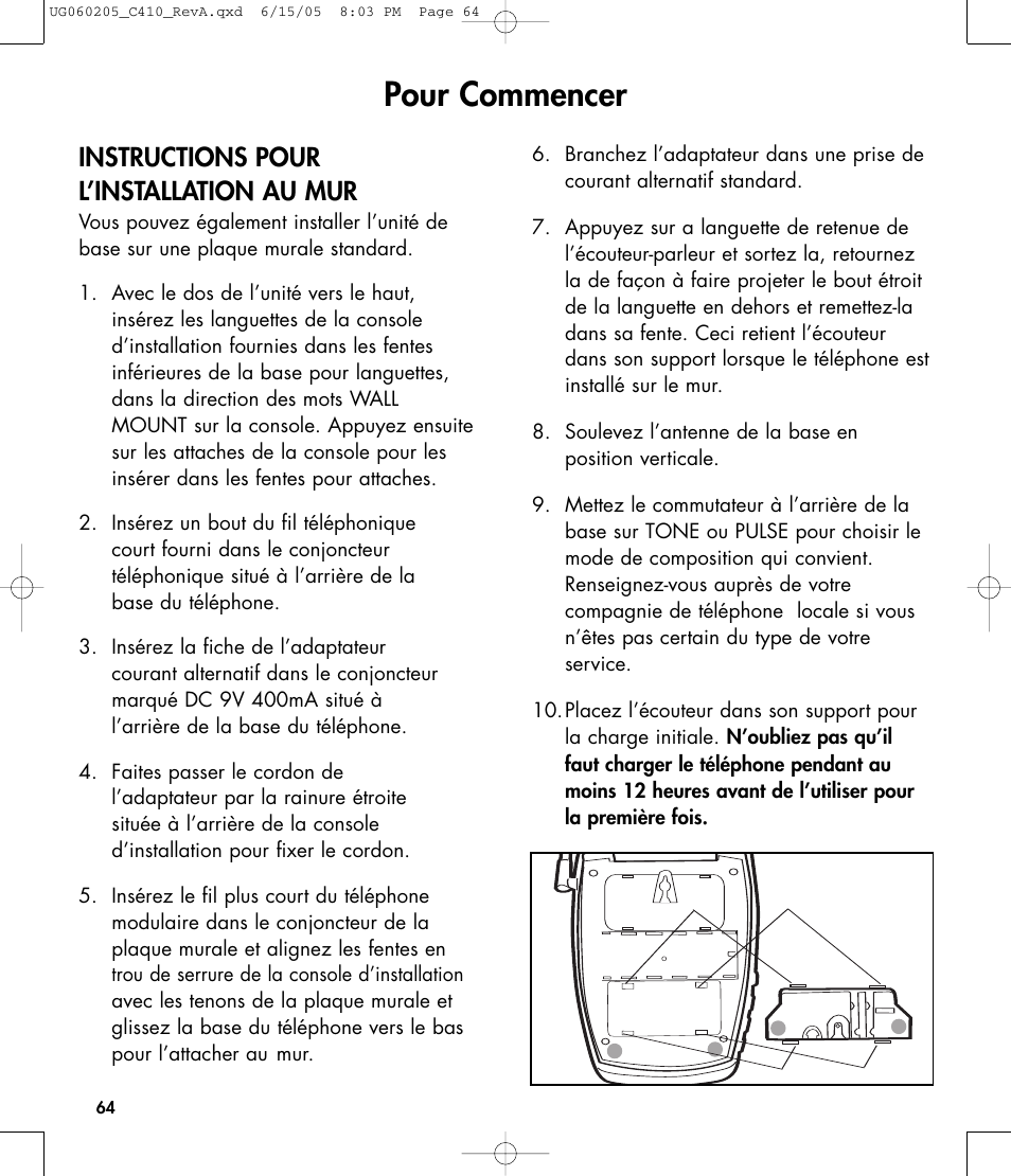 Pour commencer, Instructions pour l’installation au mur | Clarity C410 User Manual | Page 64 / 80