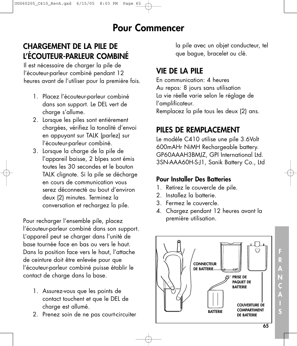 Pour commencer, Vie de la pile, Piles de remplacement | Clarity C410 User Manual | Page 65 / 80