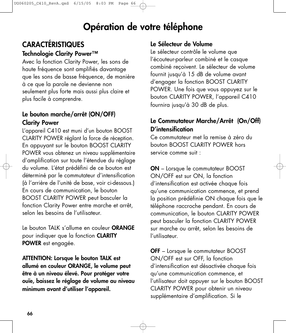 Opération de votre téléphone, Caractéristiques | Clarity C410 User Manual | Page 66 / 80