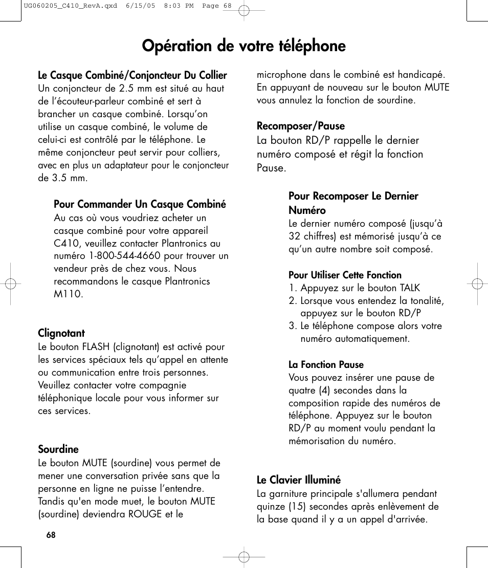 Opération de votre téléphone | Clarity C410 User Manual | Page 68 / 80