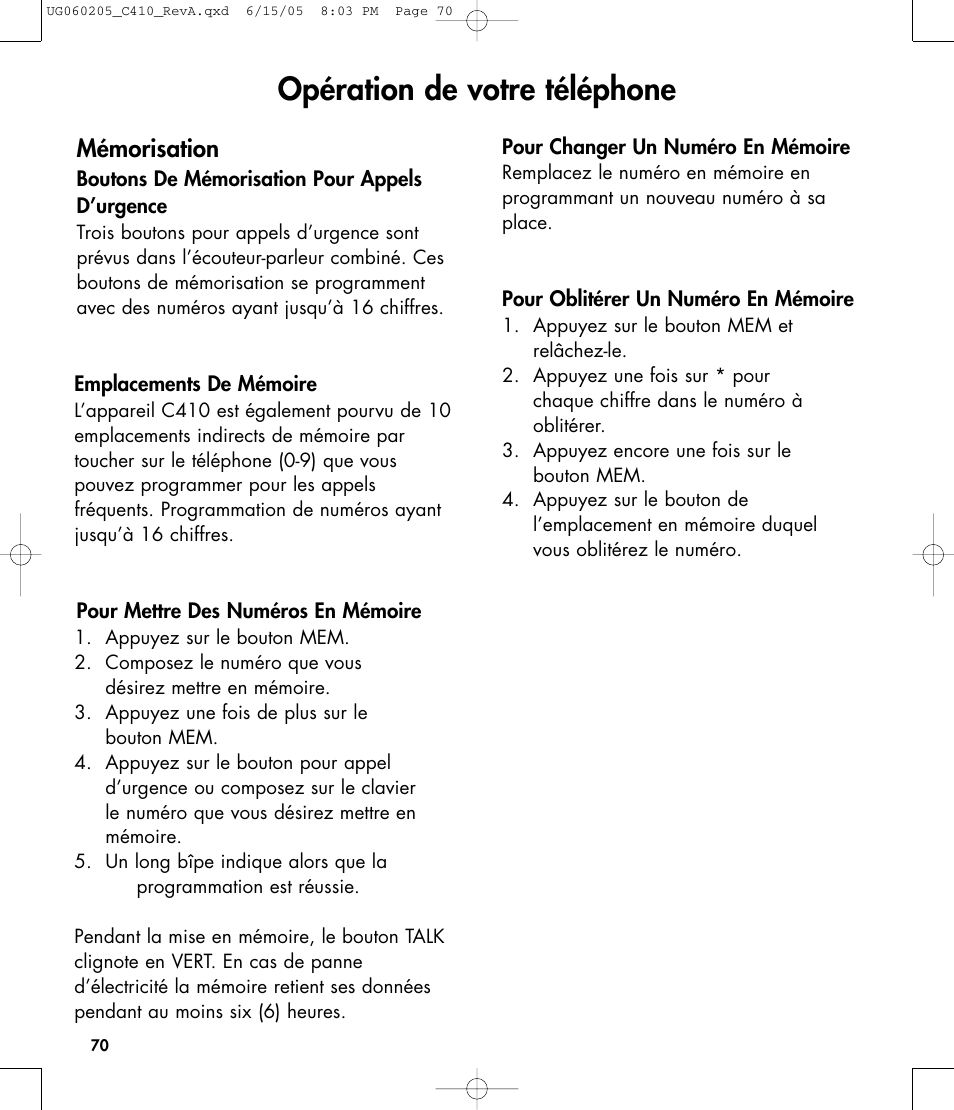 Opération de votre téléphone, Mémorisation | Clarity C410 User Manual | Page 70 / 80