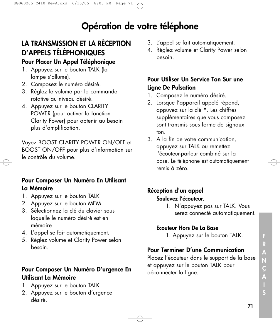 Opération de votre téléphone | Clarity C410 User Manual | Page 71 / 80