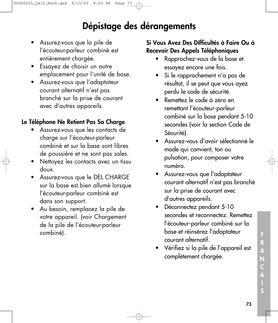 Dépistage des dérangements | Clarity C410 User Manual | Page 73 / 80