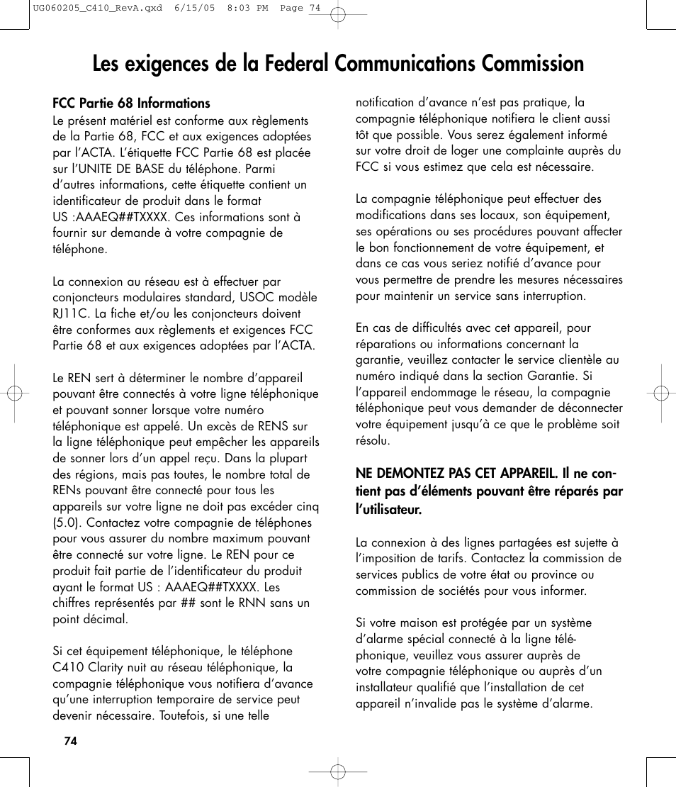 Clarity C410 User Manual | Page 74 / 80