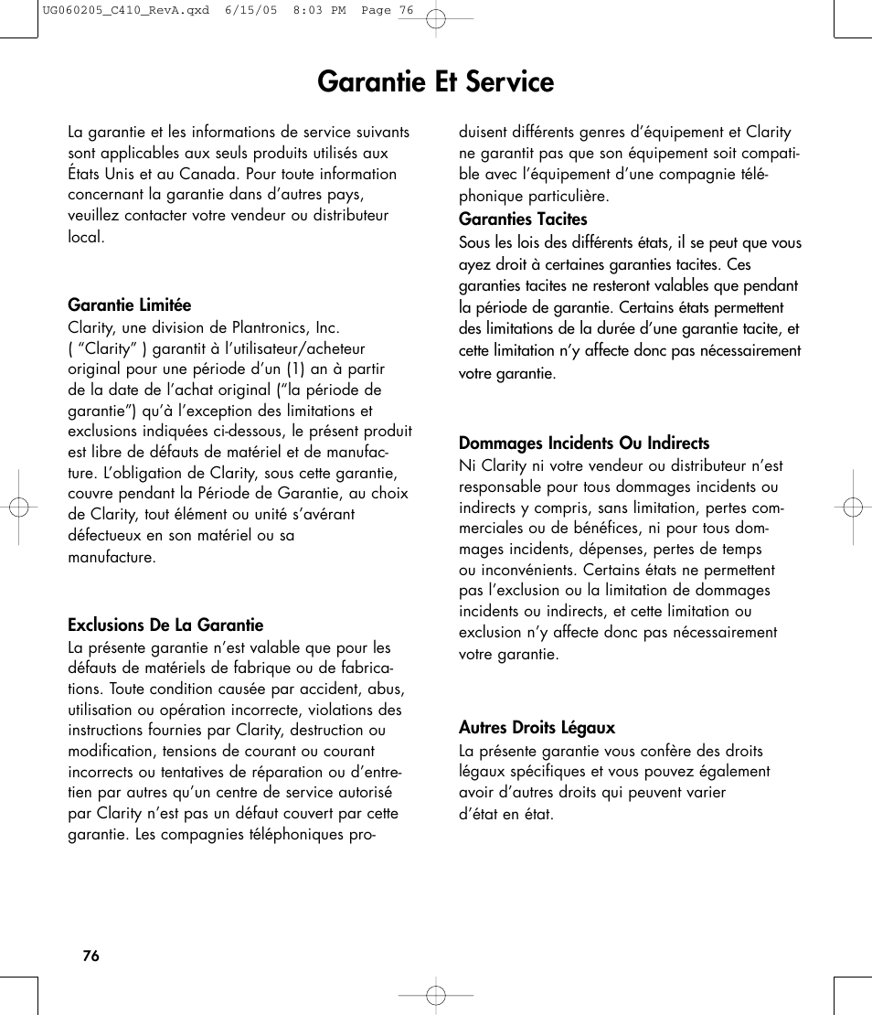 Garantie et service | Clarity C410 User Manual | Page 76 / 80