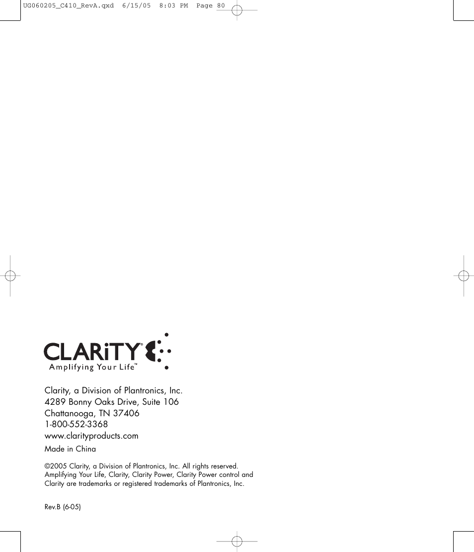 Clarity C410 User Manual | Page 80 / 80