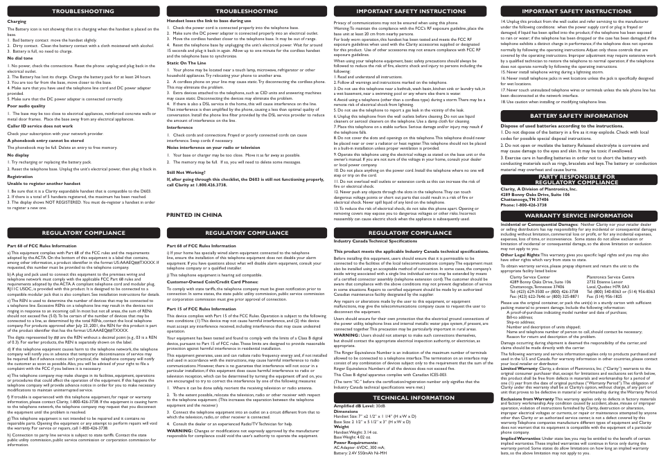 Clarity AMPLIFIED CORDLESS DECT D603 User Manual | Page 2 / 2