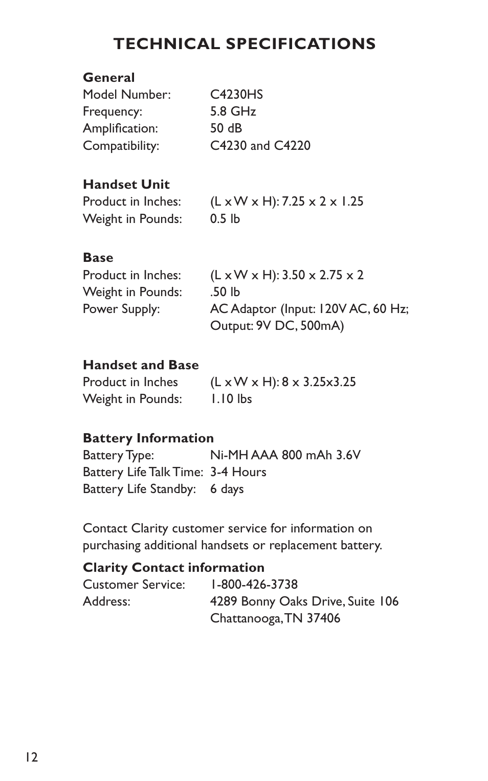 Technical specifications | Clarity C4230HS User Manual | Page 12 / 48