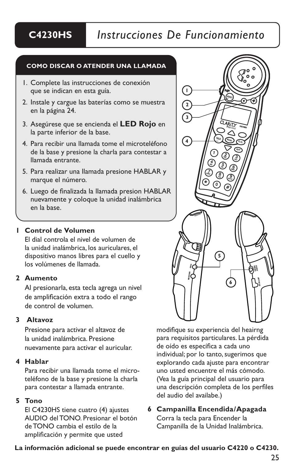Instrucciones de funcionamiento, C4230hs, Led rojo | Clarity C4230HS User Manual | Page 25 / 48