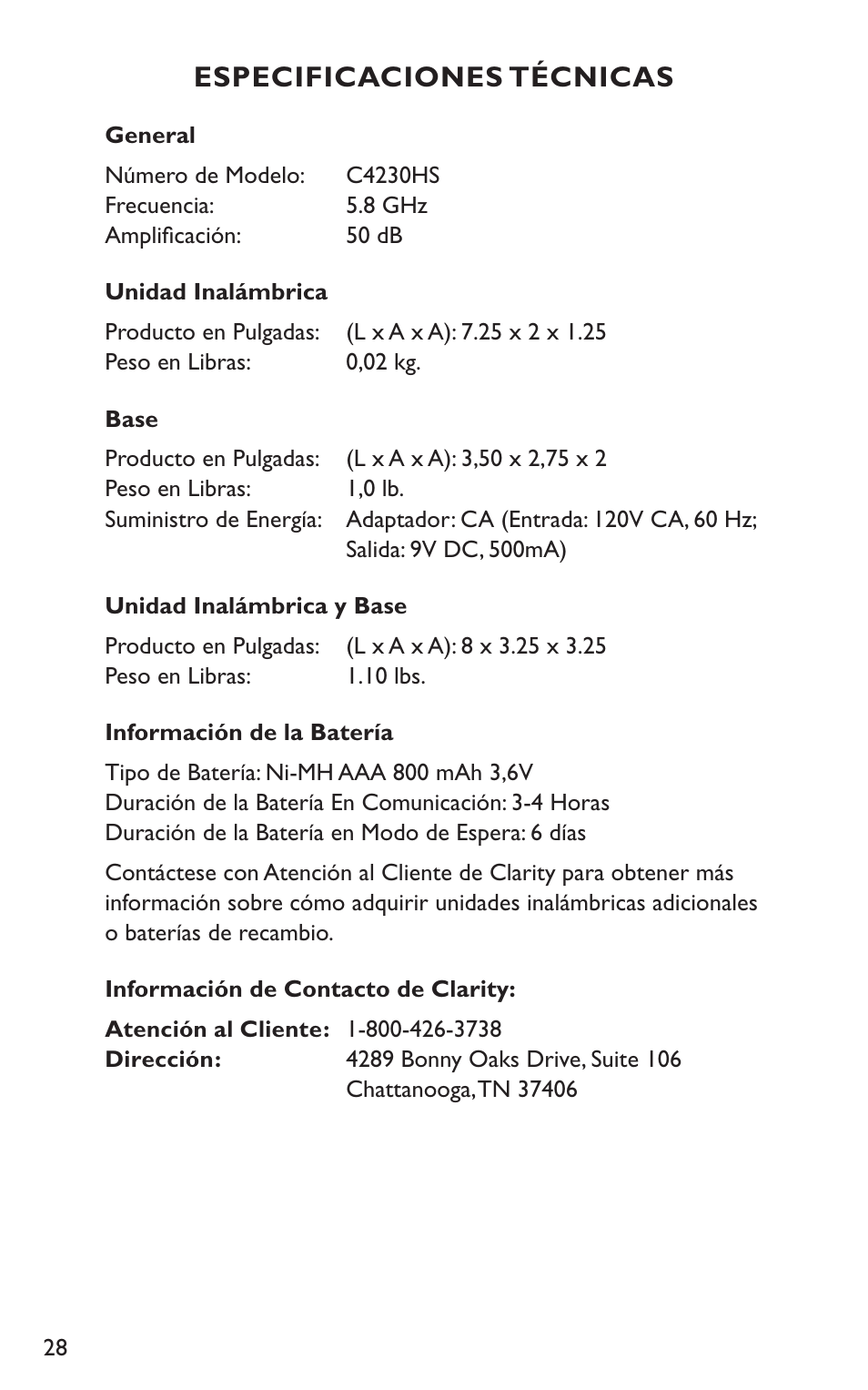 Especificaciones técnicas | Clarity C4230HS User Manual | Page 28 / 48