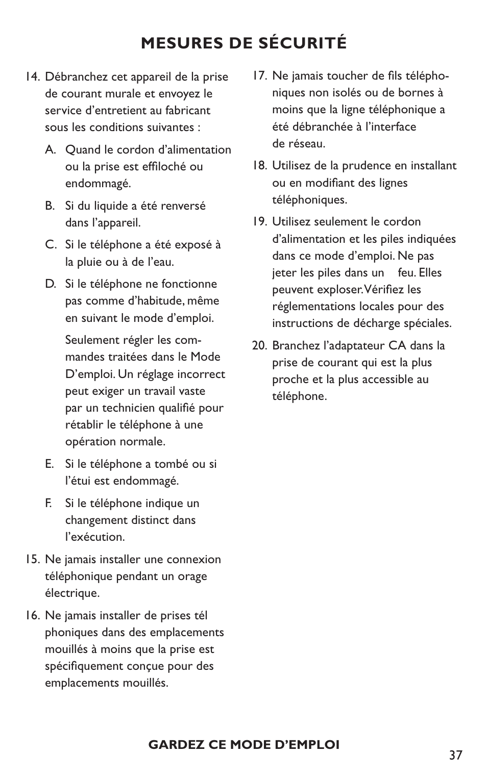 Mesures de sécurité | Clarity C4230HS User Manual | Page 37 / 48