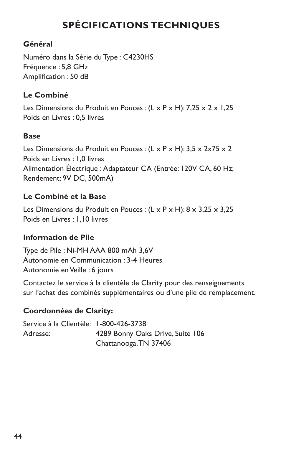Spécifications techniques | Clarity C4230HS User Manual | Page 44 / 48