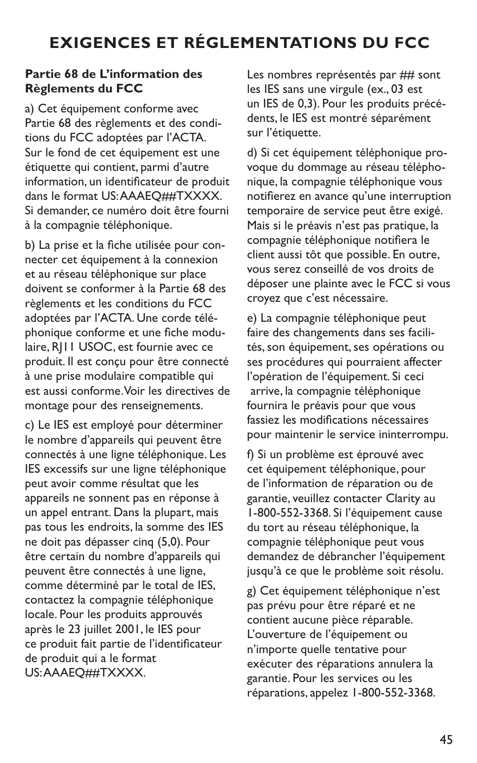 Exigences et réglementations du fcc | Clarity C4230HS User Manual | Page 45 / 48