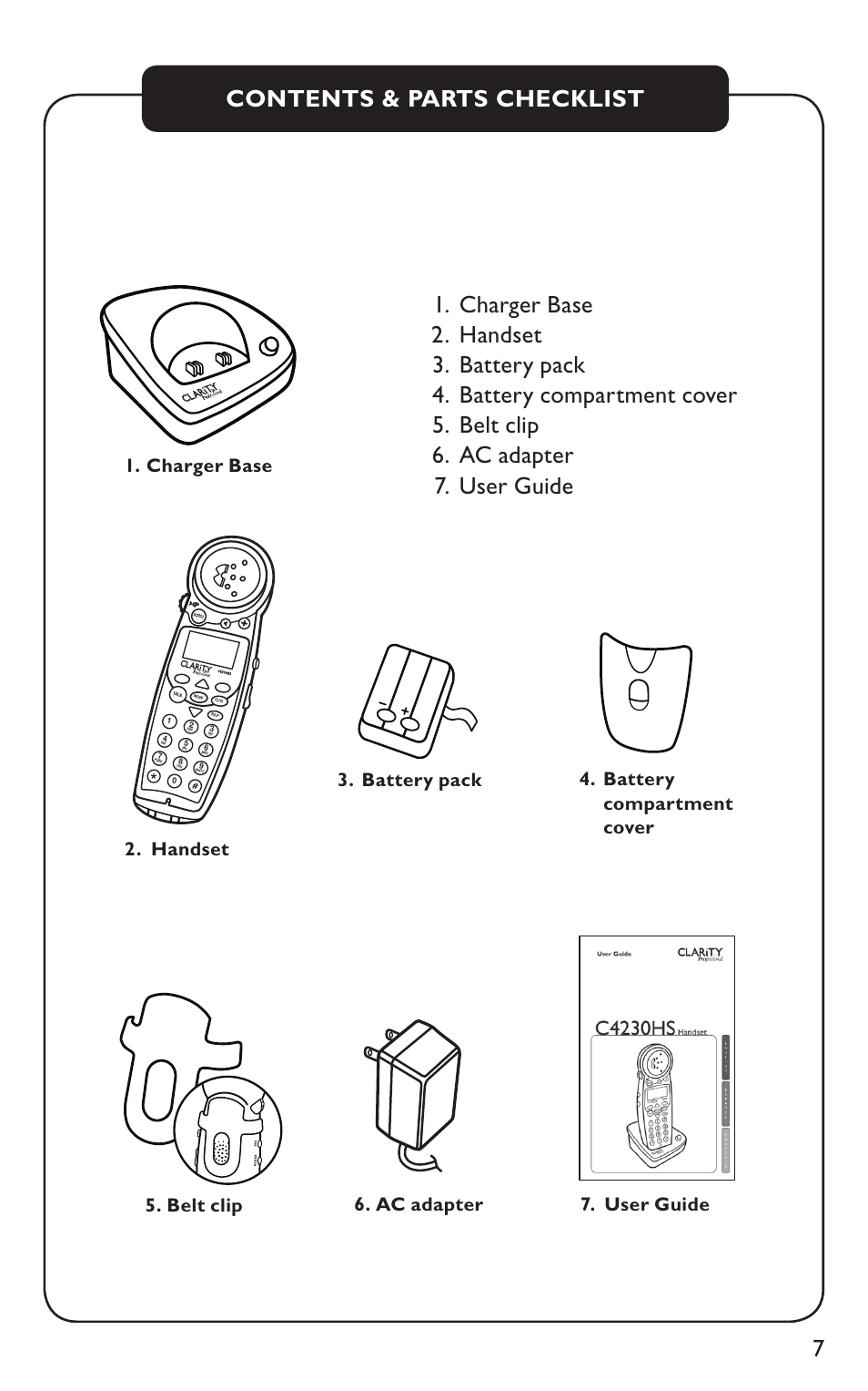 Contents & parts checklist, Handset, Battery pack 5. belt clip | Clarity C4230HS User Manual | Page 7 / 48
