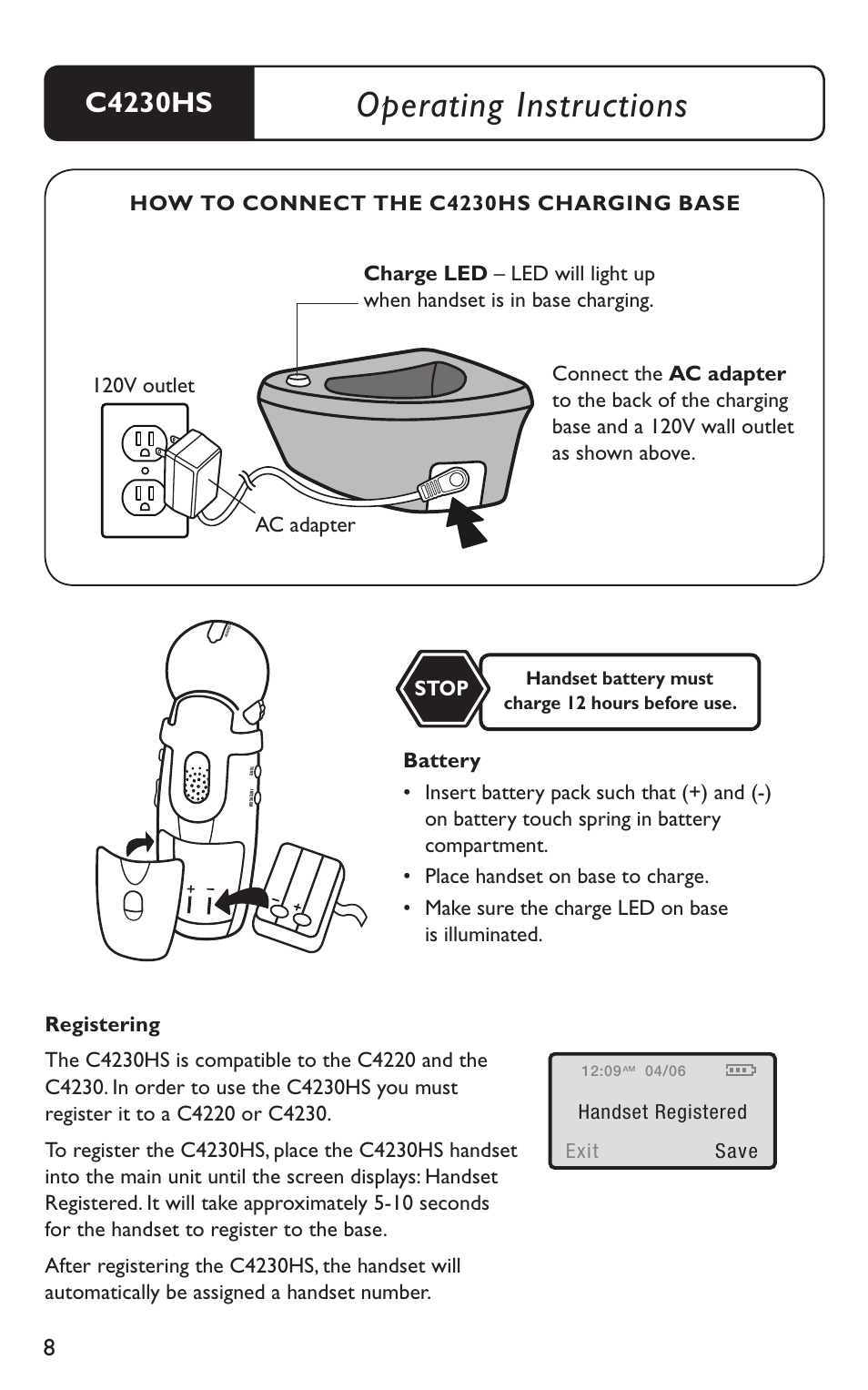 Operating instructions, C4230hs, Stop | How to connect the c4230hs charging base, Exit save, Handset registered, Handset battery must charge 12 hours before use | Clarity C4230HS User Manual | Page 8 / 48