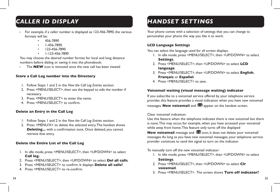 Caller id display, Handset settings | Clarity D722 User Manual | Page 19 / 26