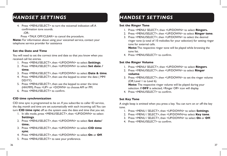 Handset settings | Clarity D722 User Manual | Page 20 / 26